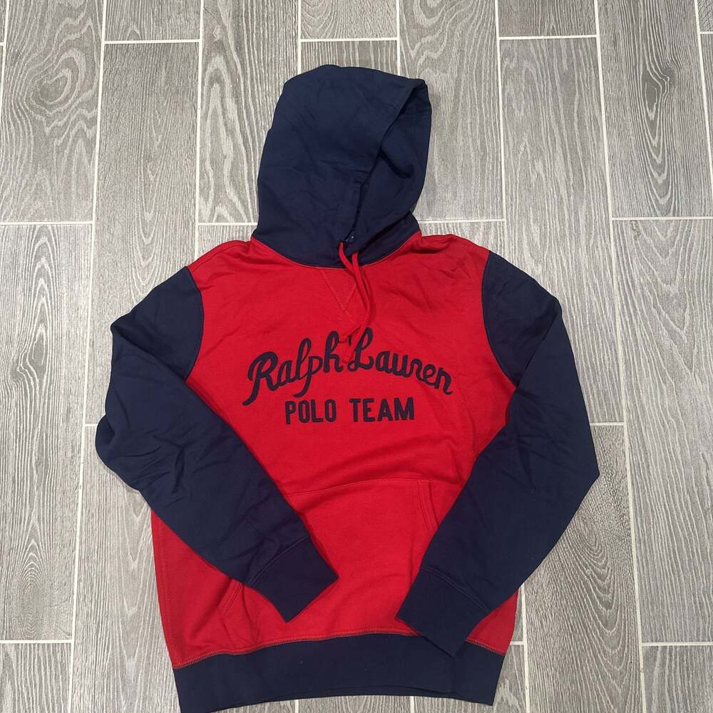Polo Ralph Lauren Red & Navy Blue Colorblock Script Logo Fleece Hoodie